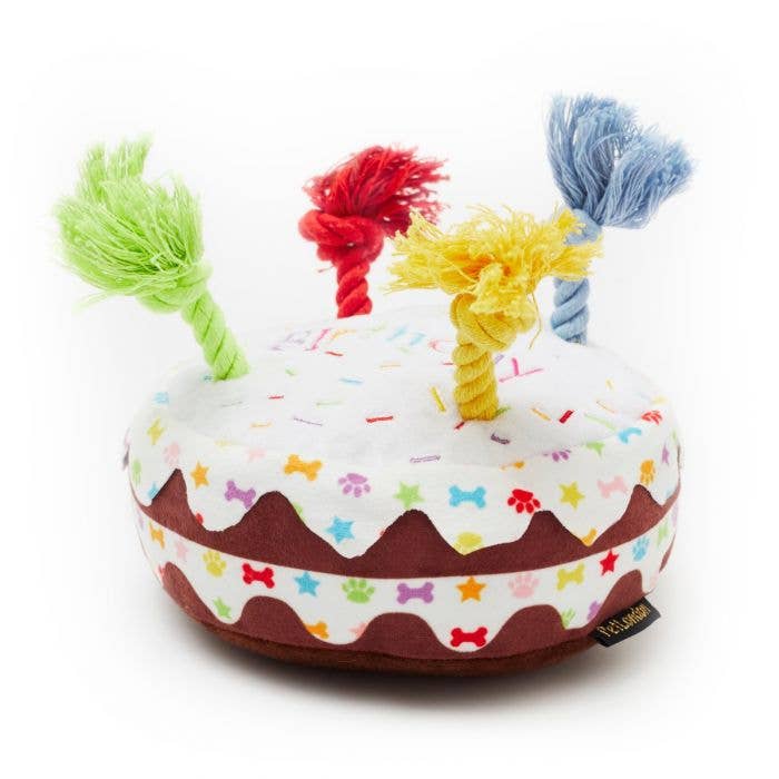 Happy Birthday Cake Plush dog toy with rope candles small