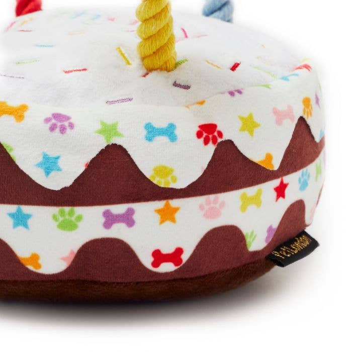 Happy Birthday Cake Plush dog toy with rope candles small