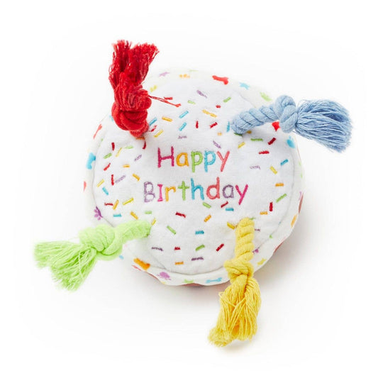 Happy Birthday Cake Plush dog toy with rope candles small