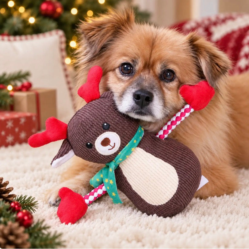 Reindeer Christmas Dog Toy with Moveable Rope Tug Arms
