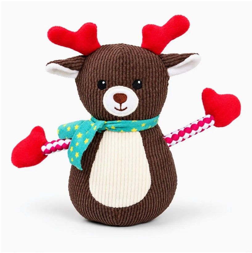 Reindeer Christmas Dog Toy with Moveable Rope Tug Arms