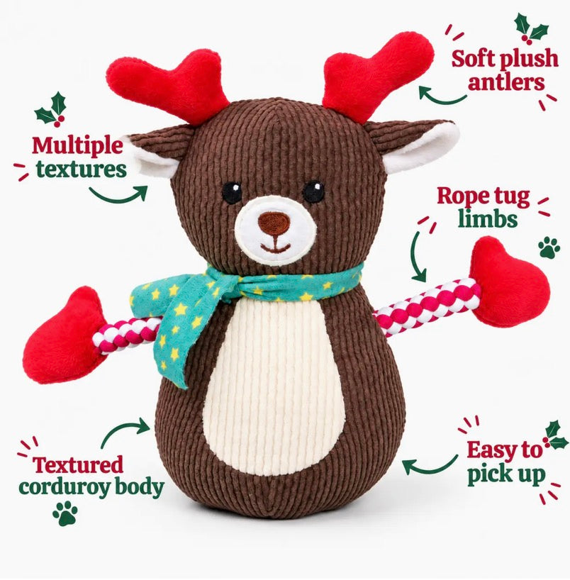 Reindeer Christmas Dog Toy with Moveable Rope Tug Arms